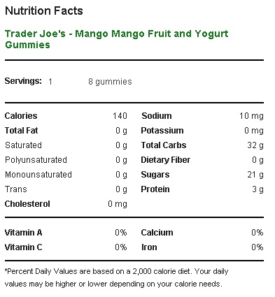 Trader Joe's Mango Mango Fruit and Yogurt Gummies - Nutritional Facts