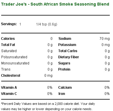 Trader Joe's South African Smoke Seasoning - Nutritional Facts