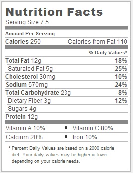 Trader Jose's Vegetable Stuffed Poblano Peppers Nutritional Information