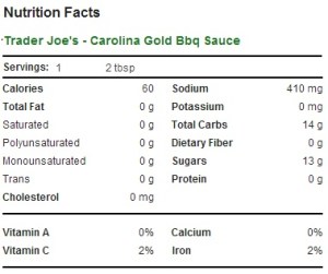 Trader Joe's Carolina Gold Barbecue Sauce - Nutrition Facts
