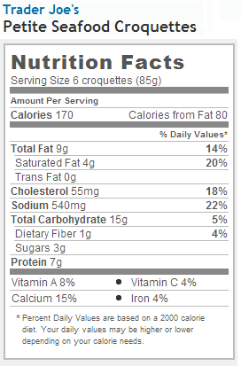 Trader Joe's Petite Seafood Croquettes - Nutrition Facts