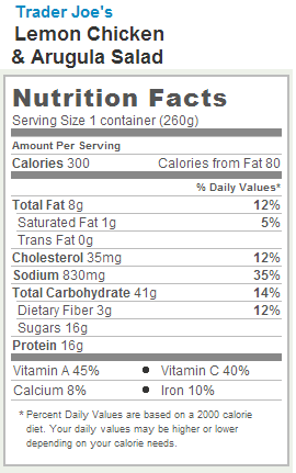 Trader Joe's Lemon Chicken and Arugula Salad - Nutrition Facts
