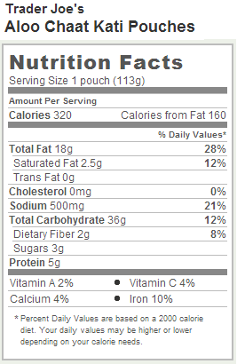 Trader Joe's Aloo Chaat Kati Pouches - Nutrition Information