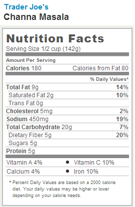 Trader Joe's Channa Masala - Nutrition Facts