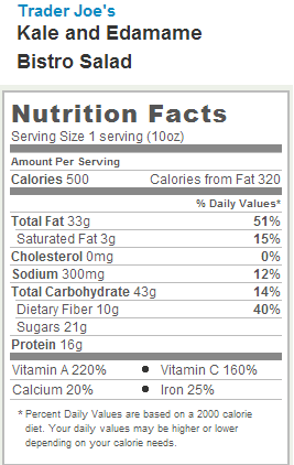 Trader Joe's Kale and Edamame Bistro Salad - Nutrtion Facts