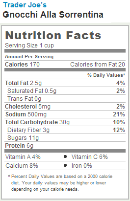 Trader Joe's Gnocchi Alla Sorrentina - Nutrition Facts