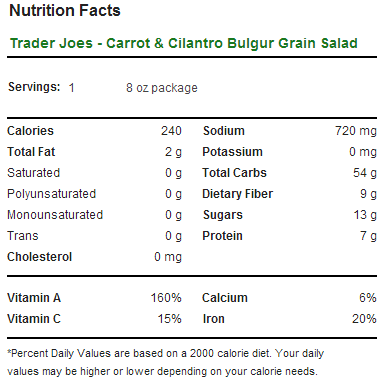 Trader Joe's Carrot and Cilantro Bulgur Grain Salad - Nutrition Facts