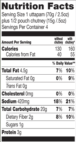 Trader Joe's Four Uttapam with Coconut Chutney - Nutritional Facts