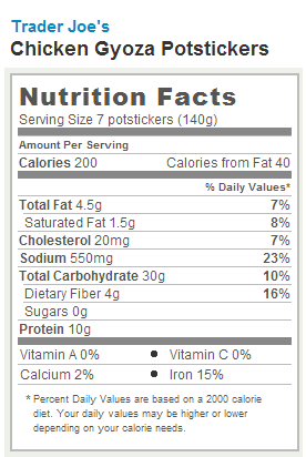 Trader Joe's Chicken Gyoza Potstickers - Nutrition Facts