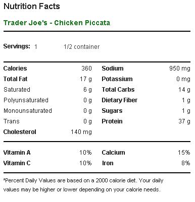 Trader Joe's Chicken Piccata Nutrition Facts