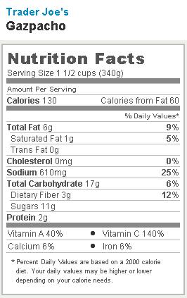 Trader Joe's Gazpacho - Nutrition Facts