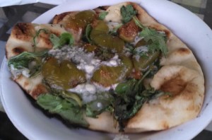 Fig, Arugula and Goat Cheese Flat Bread - straight out of the oven.