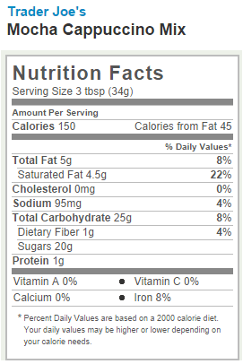 Trader Joe's Mocha Cappucino Mix - Nutrition Facts