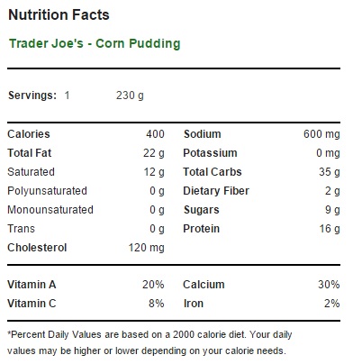 Trader Joe's Corn Pudding - Nutrition Facts