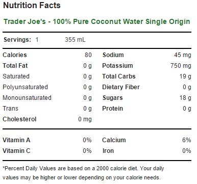 Trader Joe's - 100% Pure Coconut Water Single Origin - Nutrition Facts