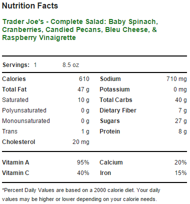 Trader Joe's Complete Salad - Baby Spinach with Cranberries, Candied Pecans, Miner's Blue Cheese and Raspberry Vinaigrette - Nutrition Facts