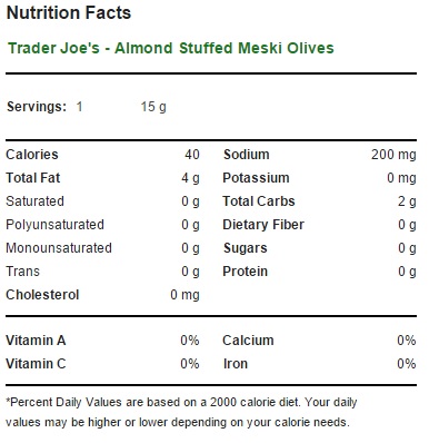 Trader Joe's Almond Stuffed Meski Olives - Nutrition Facts